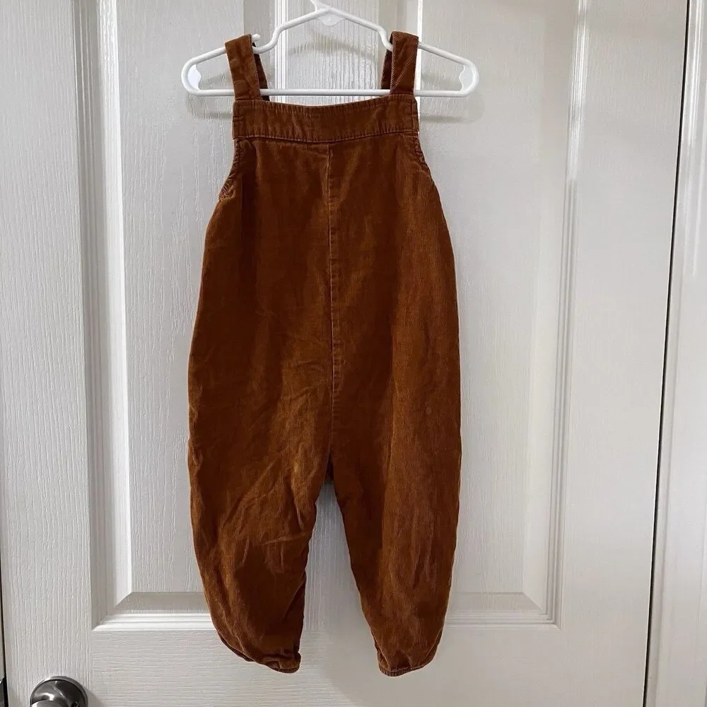 Baby Boden Badger Fox Applique Brown Corduroy Dungaree Overalls SZ 18-24 Months